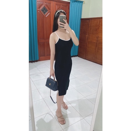 Dress 2 tone warna baju dress korea pesta slit midi black premium stretch sexy party casual wanita k