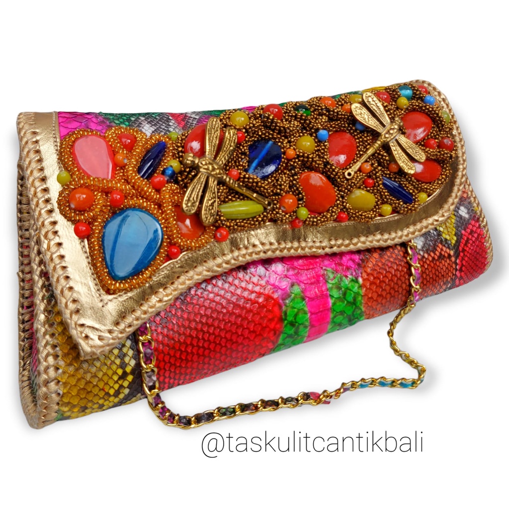 Clutch Tas Kulit Ular Yuni Model Gelombang Size M - Multi Color