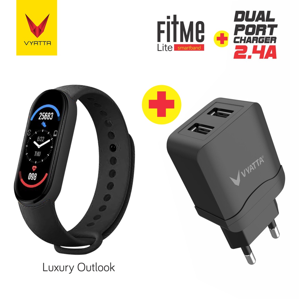VYATTA FitMe Lite New Smartband - 200+Watchface, Sport Mode, IP67,SPO2-BK + Dual Port 2.4A