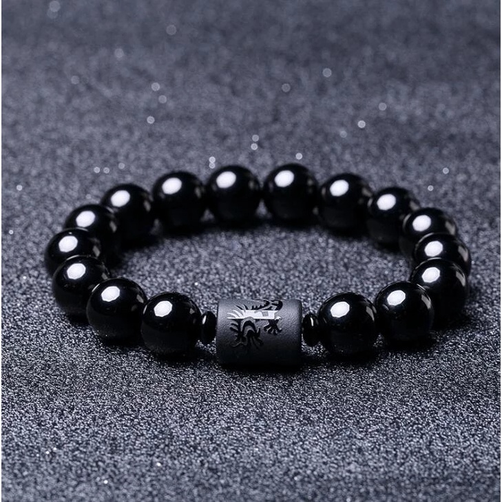 Men Women Natural Black Dragon Pattern Round Frosted Obsidian Beads Bracelet Yoga Jewelry