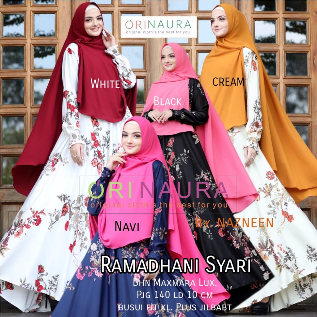 Gamis Wanita Syari Motif Print Kembang Orinaura bahan Maxmara LD 100 cm Panjang Gamis 140 cm