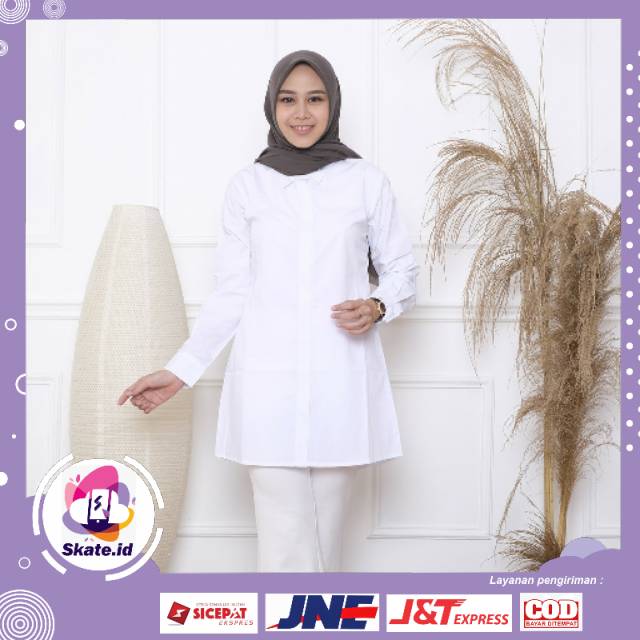 SK kemeja tunik putih polos panjang kancing nutupi pantat wanita - Tunik Muslimah - BD