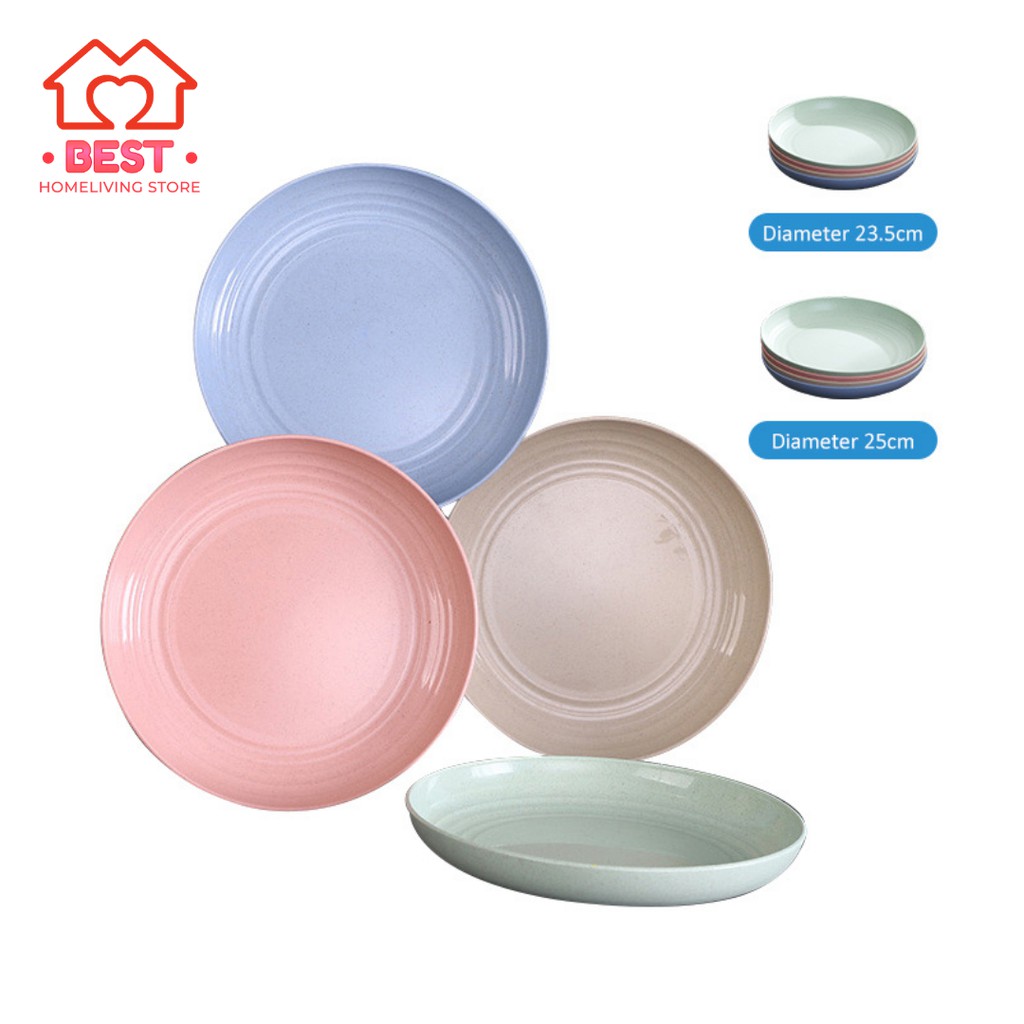Piring Makan Isi 4 Saji Serbaguna Diameter 23 dan 25 cm Warna Pastel Bahan Wheat Straw Bulat Plate-1