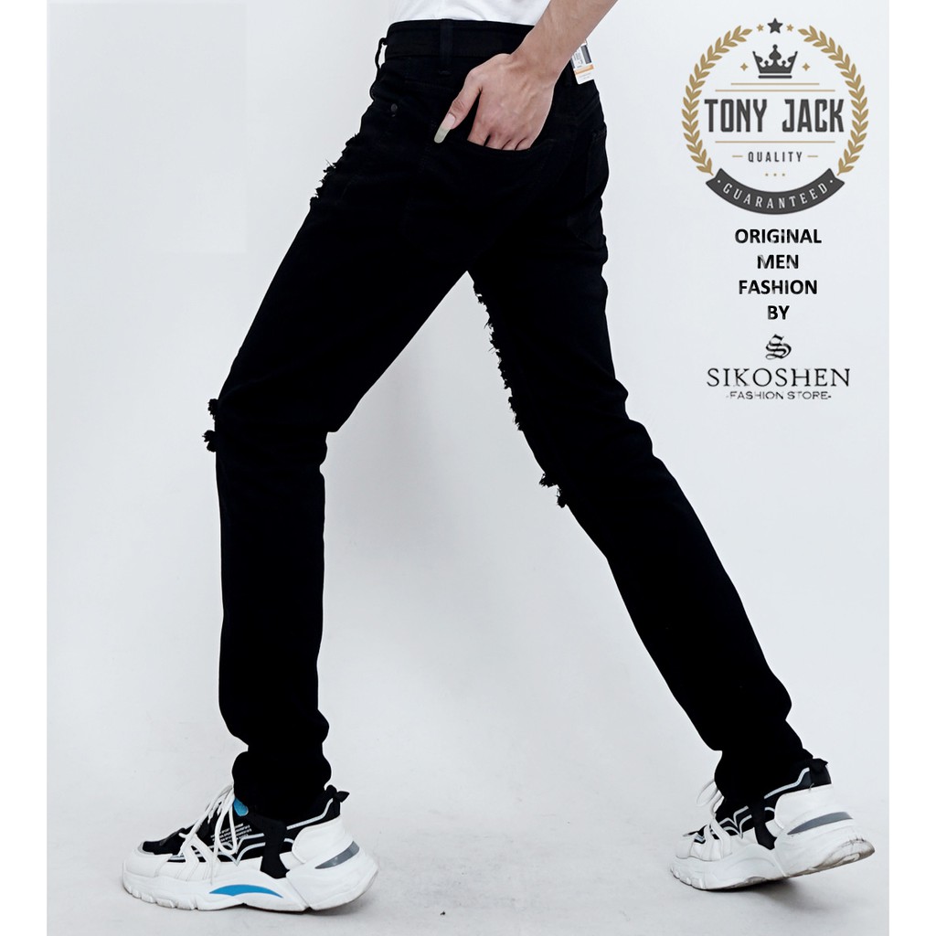 Celana Jeans Pria Sobek Hitam Original TONY JACK model slim fit