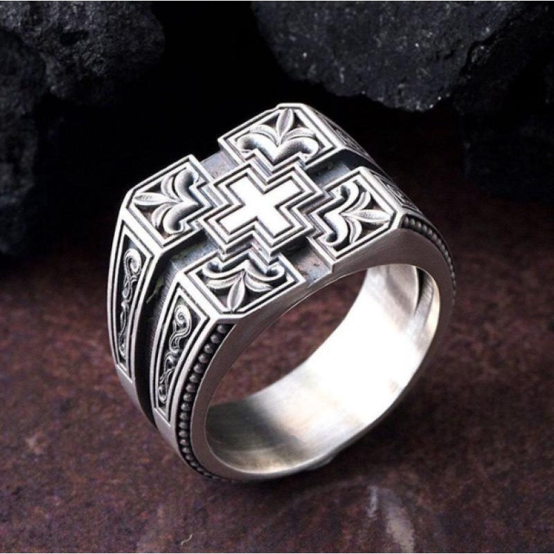 Cincin 925 Silver Desain Salib Gaya Punk Untuk Pria