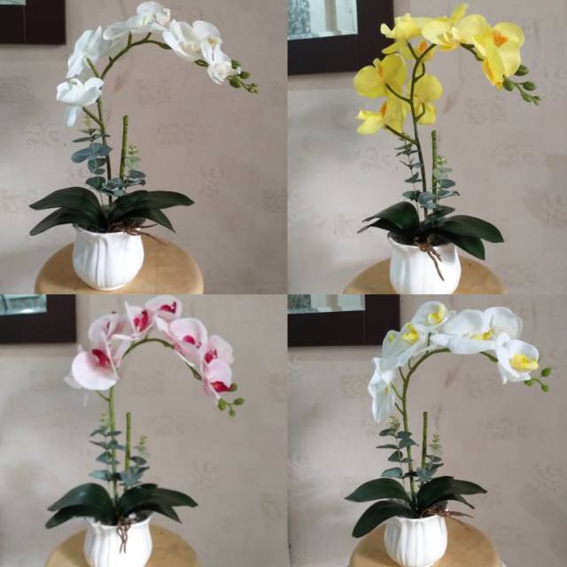 Bunga anggrek bulan palsu latex 1tangkai vas keramik.
