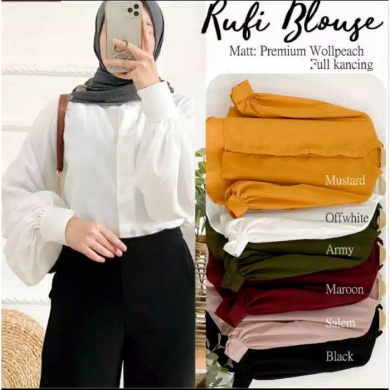 RUFI BLOUSE Baju Fashion Pakaian Atasan Wanita Dewasa Remaja Lengan Panjang Balon Terbaru Model Kekinian Bahan Moscrepe-2