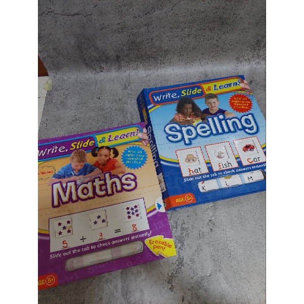 Preloved Write, slide & learn Spelling AND MATH Book hard cover Buku edukasi anak