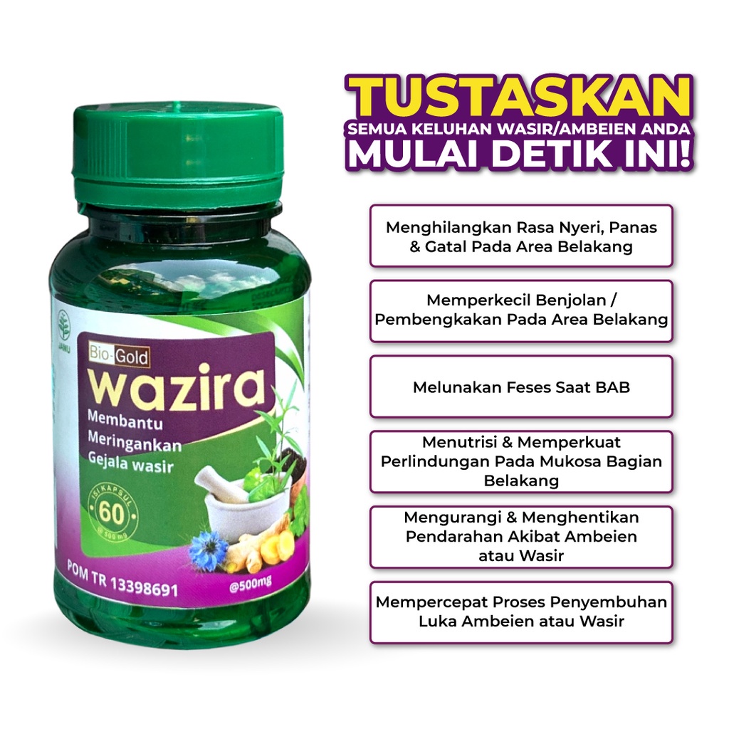 Obat Ambeien WAZIRA Bio Gold Herbal Meringankan Gejala Wasir Susah Bab 60 Kapsul
