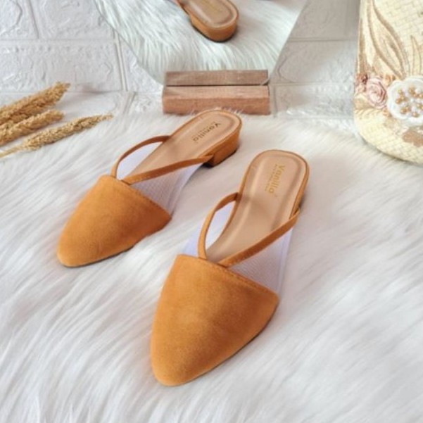 Bryan Axora Mules Style Heels 3cm Suede Beludru Hak Tahu Jala Nyaman Transparant Basic Bustong