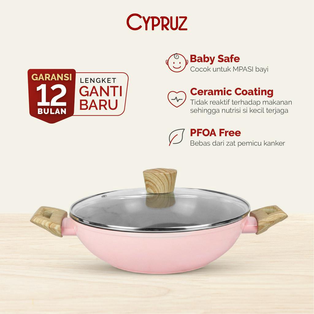 Cypruz Pink Ceramic Wok Pan / Kuali Anti Lengket + Tutup