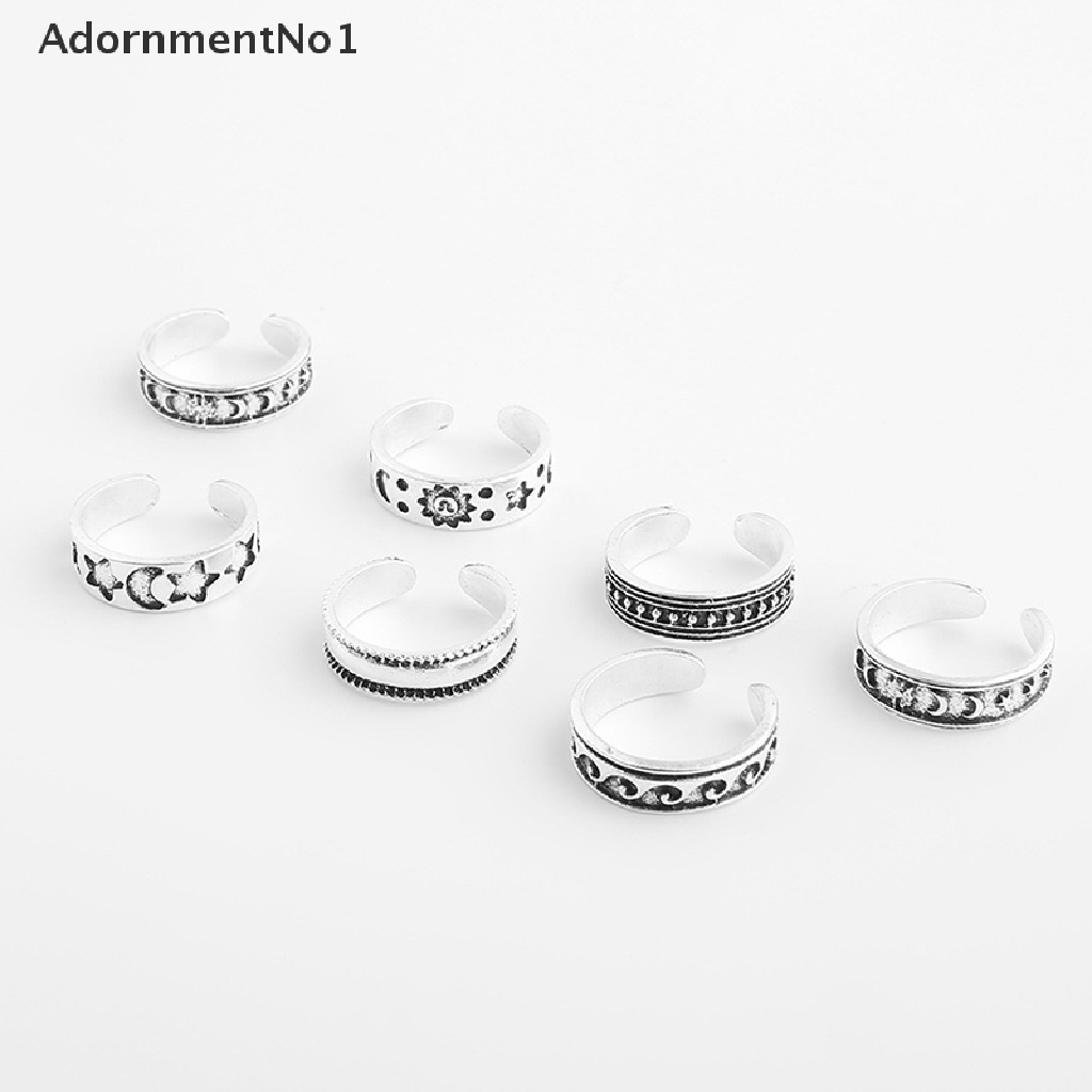 (AdornmentNo1) 7pcs / Set Cincin Jari Kaki Terbuka Adjustable Gaya Vintage Motif Bintang + Bulan + Hollow Untuk Wanita