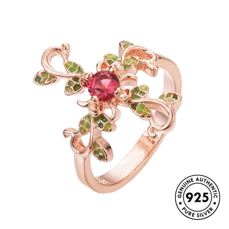 Cincin Sterling Silver 925 Model Silang Warna Rose Gold Dengan Berlian Imitasi Untuk Wanita