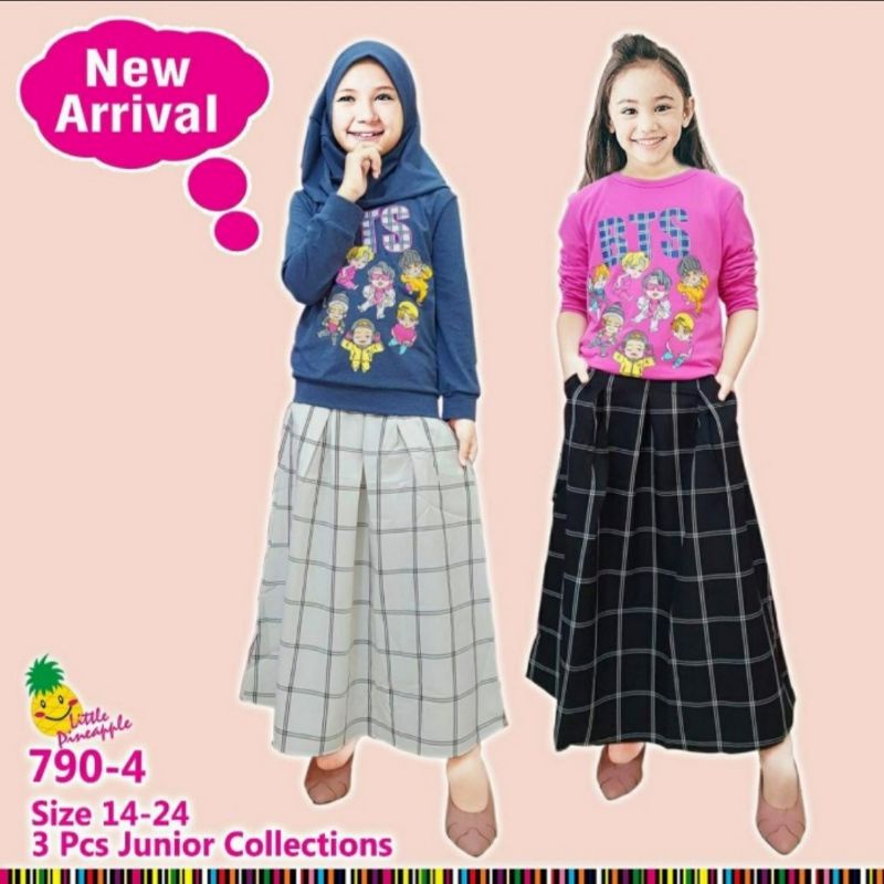Baju Lebaran Anak Perempuan/Baju Muslim/Baju Setelan Rok Kotak BTS 8-13 Tahun