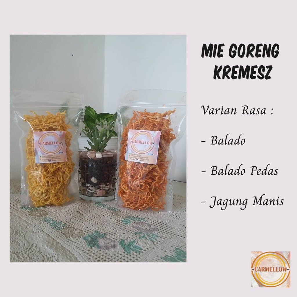 

Cemilan Mie Goreng Kremesz Kemasan 100 gram / Mie Kremesz Rasa Balado Pedas & Jagung Manis