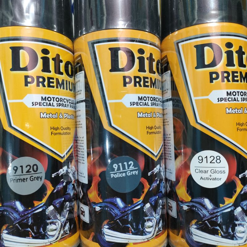 Pilok Paket Lengkap Cat Diton Premium Primer Grey 9120 Police Grey 9112 Clear Gloss 9128 400cc.. Pilok Paketan Police Grey Cat Semprot Diton Premium 400cc