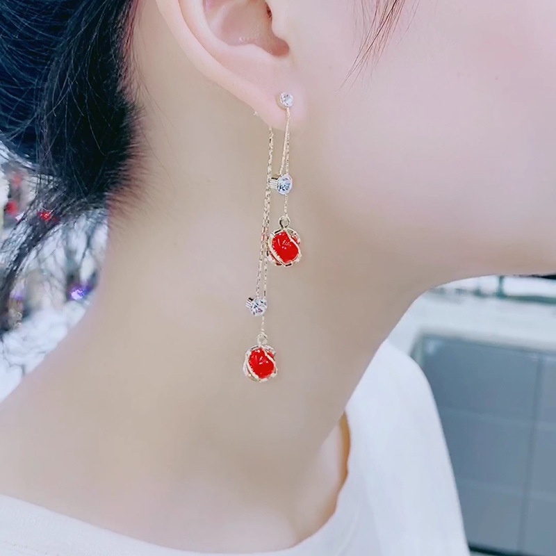 S925 Korea Opal bola telinga hook wanita merah halus sederhana anting-anting Korea gaya chic dan uni