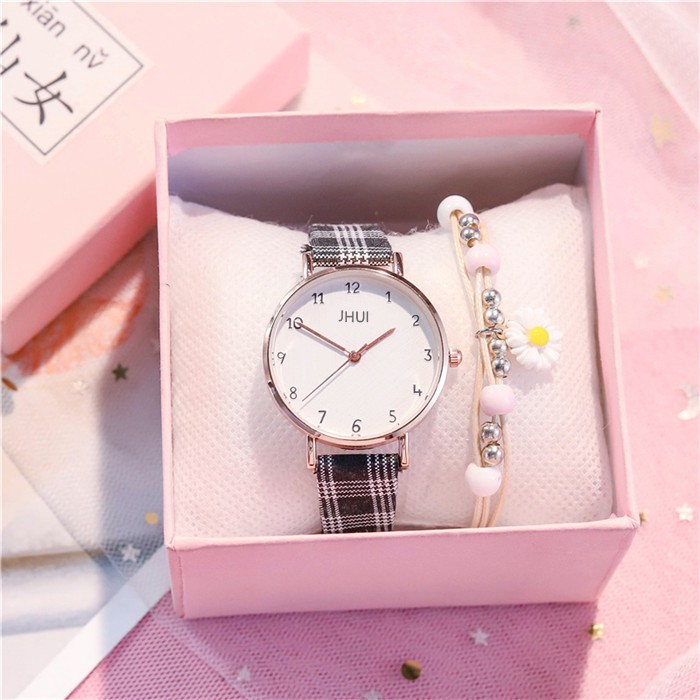 Jam Tangan Analog Wanita Quartz Strap Pu Leather Motif Kotak-Kotak Fashion Wanita Korean Watch-40-8 Hitam