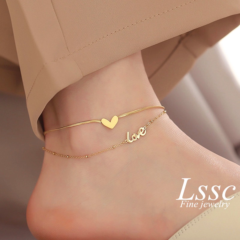 Gelang Kaki Titanium 2 Layer LOVE Huruf Hati Anti Karat Emas 18k Aksesoris Wanita Korea