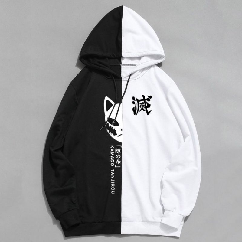 (S - 6XL) Hoodie Mix Kombinasi 2 Warna Hitam Putih Anime DEMON SLAYER SABITO MASK Kimetsu No Yaiba Jaket Jumper Big size jumbo Oversize Unisex TANJIROU JAPAN Japanese Cartoon S M L XL XXL 2XL 3XL 4XL 5XL Two Tone Jaketin Aja