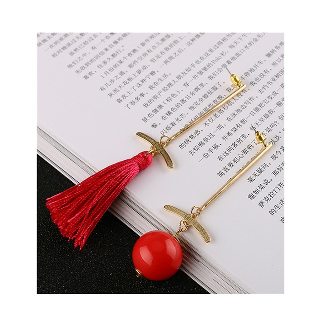 LRC Anting Tusuk Fashion Plum Red Asymmetrical Beaded Tassel Earrings D60516