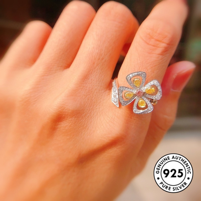 Cincin S925 Silver Bentuk Bunga Clover Warna Kuning Aksen Berlian