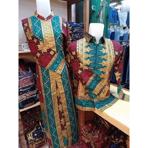 Batik songket Palembang model gamis tosca mewah dan modern