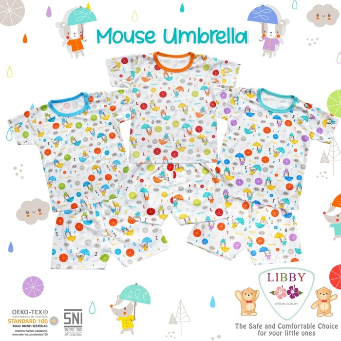 Libby Baby - Baju Anak Setelan Pendek Kancing Pundak Oblong - Motif Mouse Umbrella