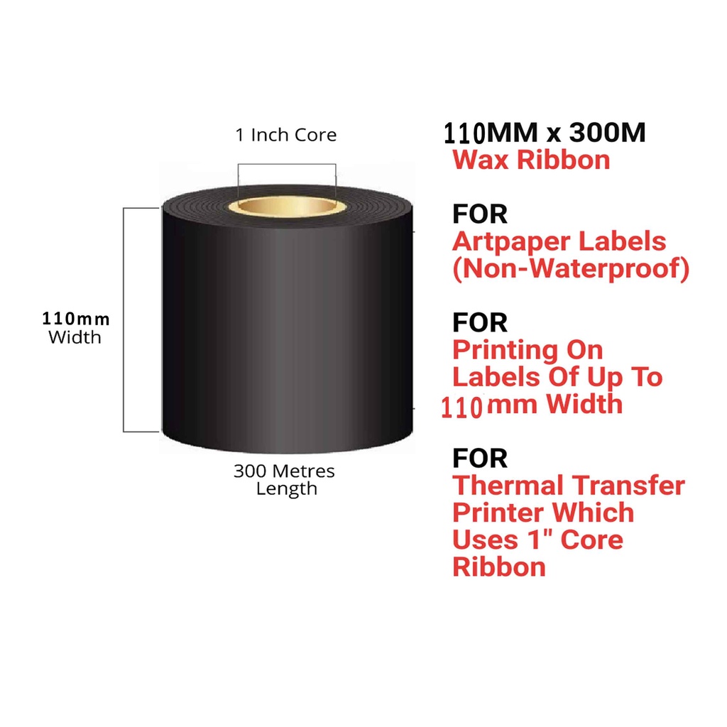 Barcode Ribbon / Thermal Transfer Ribbon / Premium Wax / Wax 110mm x 300m