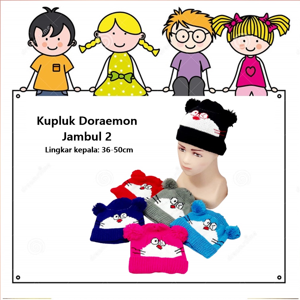 Kupluk/Beanie Hat Anak Doraemon Jambul 2 Lingkar 36-50cm