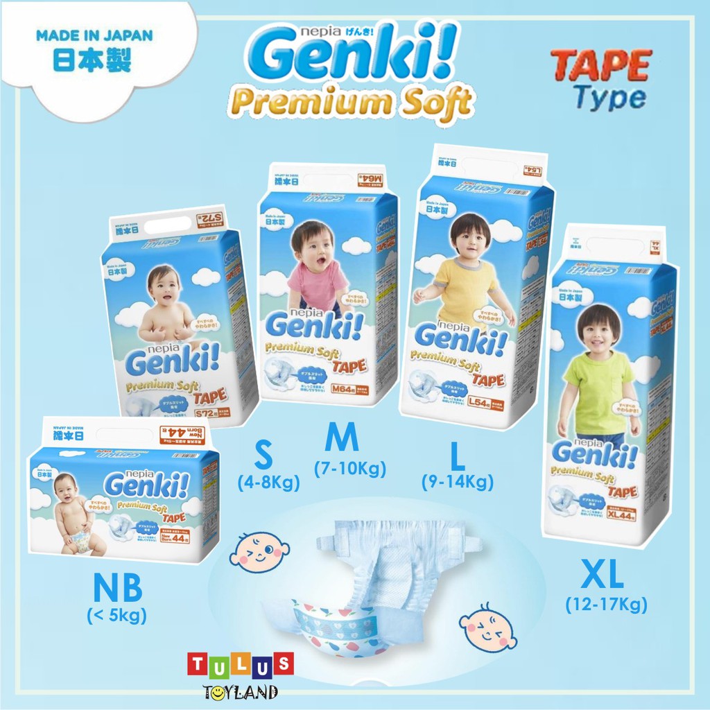 Nepia Genki TAPE Premium Soft size S 72 / M 64 / L 54 / XL 44 Diapers Popok Anak Bayi