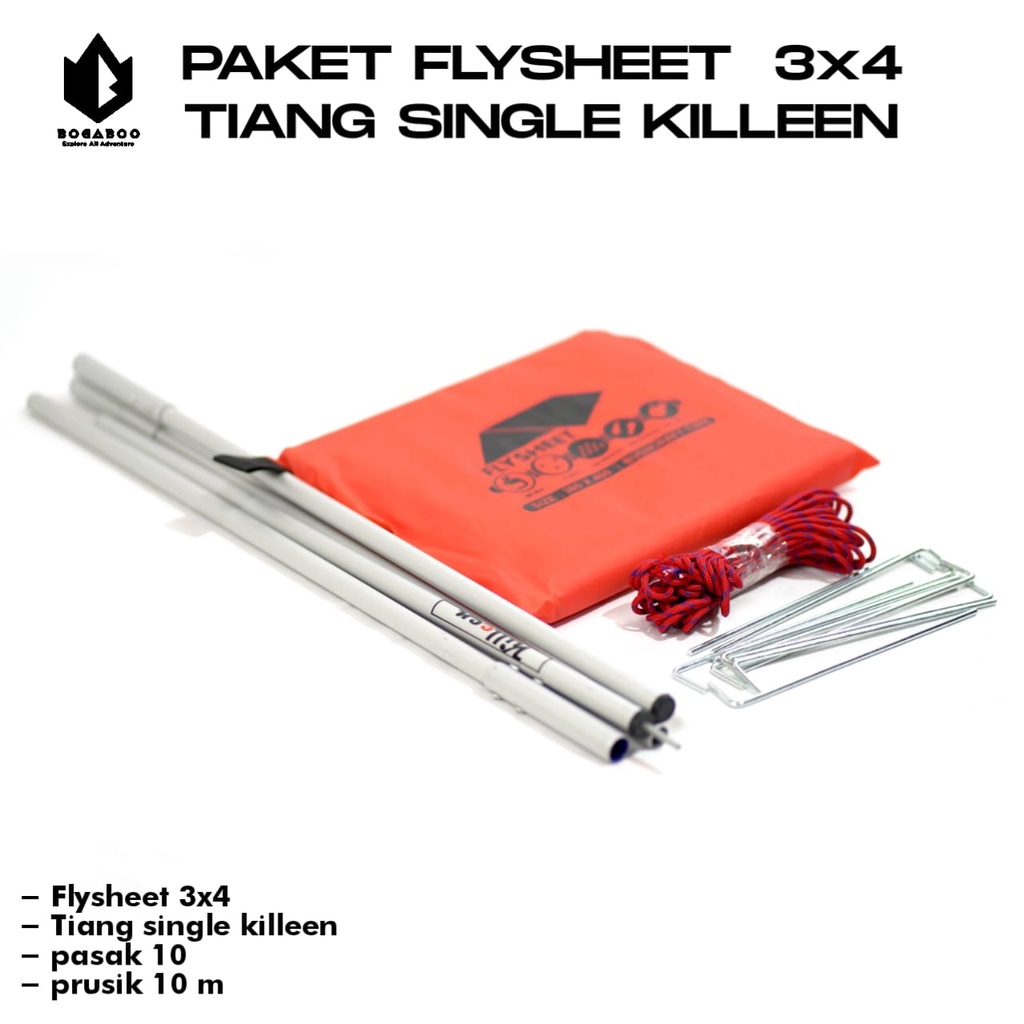 Bisa (COD) PAKET Tiang Single Killeen + Flysheet 3X4 + Tali Perusik 10 M + Pasak 10Pcs