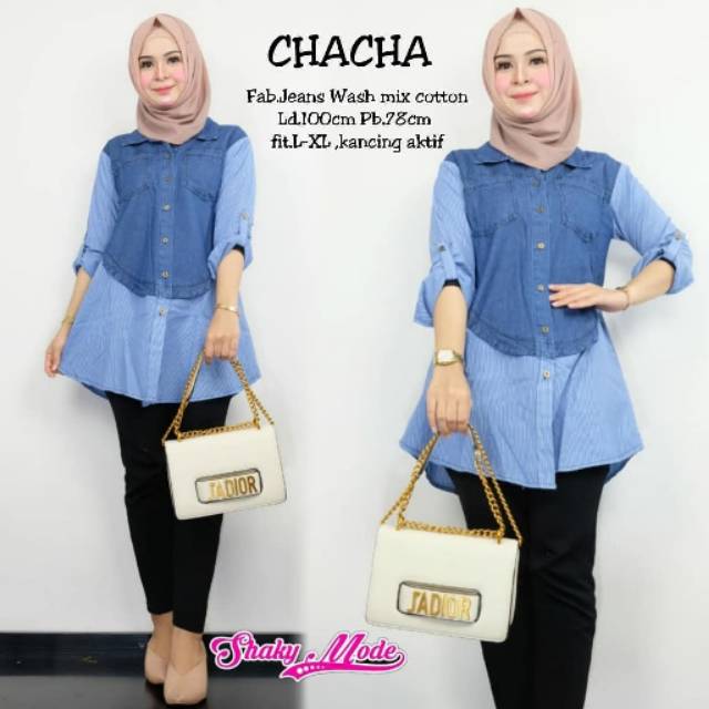 TUNIK JEANS KOMBINASI SALUR/TUNIK JEANS KOMBI KATUN/BAHAN JEANS WASH KOMBINASI//ATASAN JEANS WANITA