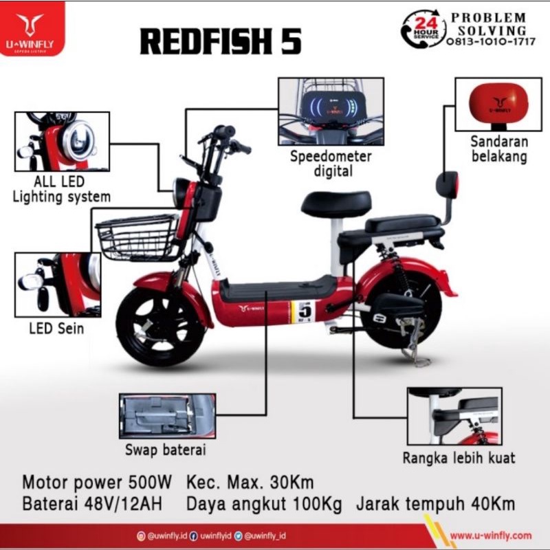 Sepeda Listrik Uwinfly u winfly redfish 5 rf 5 redfish5 48 V Aki Led