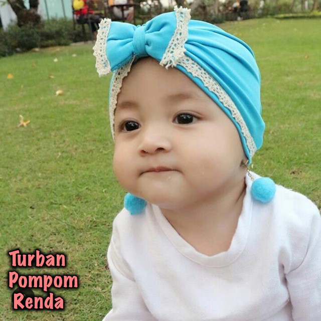 Turban Kupu Pom-Pom Renda | Turban Anak | Turban Bayi | BISA C.O.D