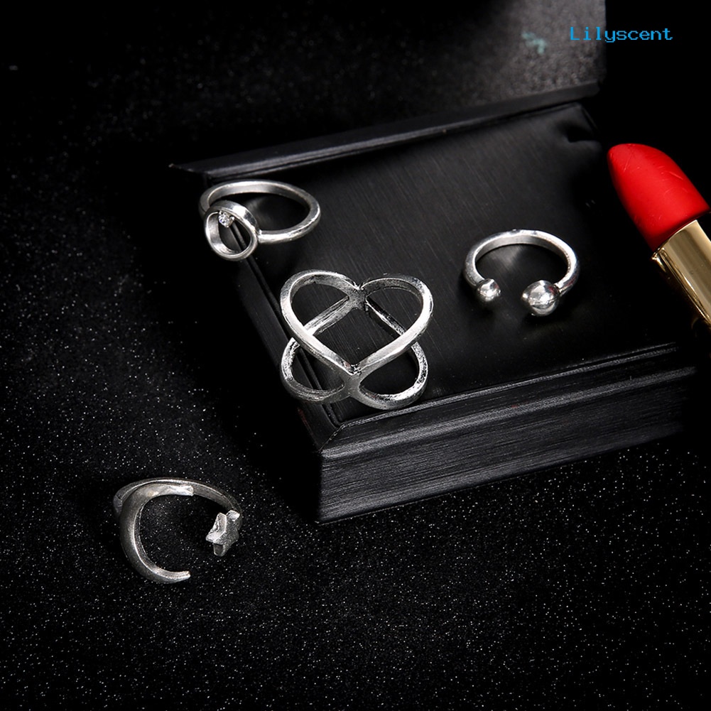 4pcs / Set Cincin Knuckle Model Terbuka Desain Bulan Bintang Aksen Berlian Imitasi Untuk Wanita