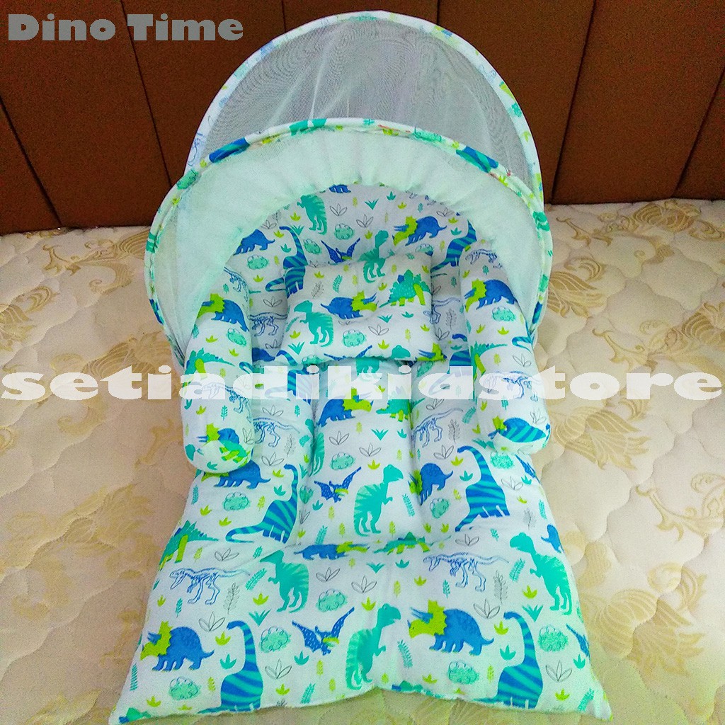 Kasur Bayi Motif Dino Time White Uk 100x60x10 Berkelambu Set Bantal Guling