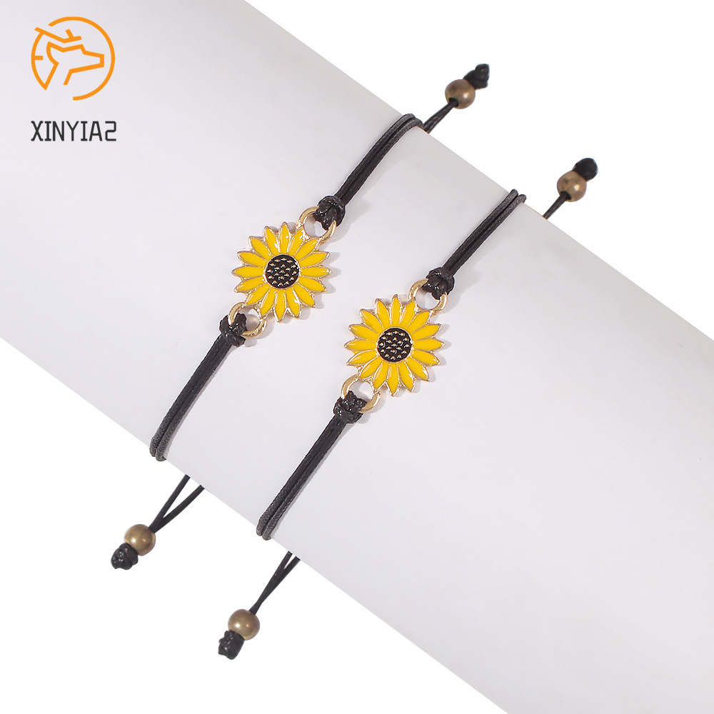 2 Pcs Korean Fashion Gelang Tali Ersahabatan Anyaman Krisan Bunga Matahari Fashion Wanita Korea Pria Couple Bracelet Daisy Hitam C3-7