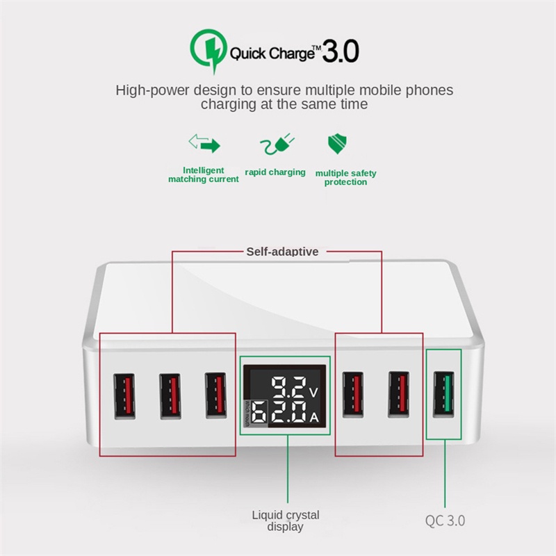 Tk Adapter Charger 6 Port Usb 3.0 Fast Charging Display Digital Untuk Handphone