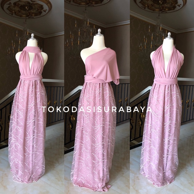 Multiway convertible infinity maxi long dress party bridesmaid pink rose gold pearl ready murah