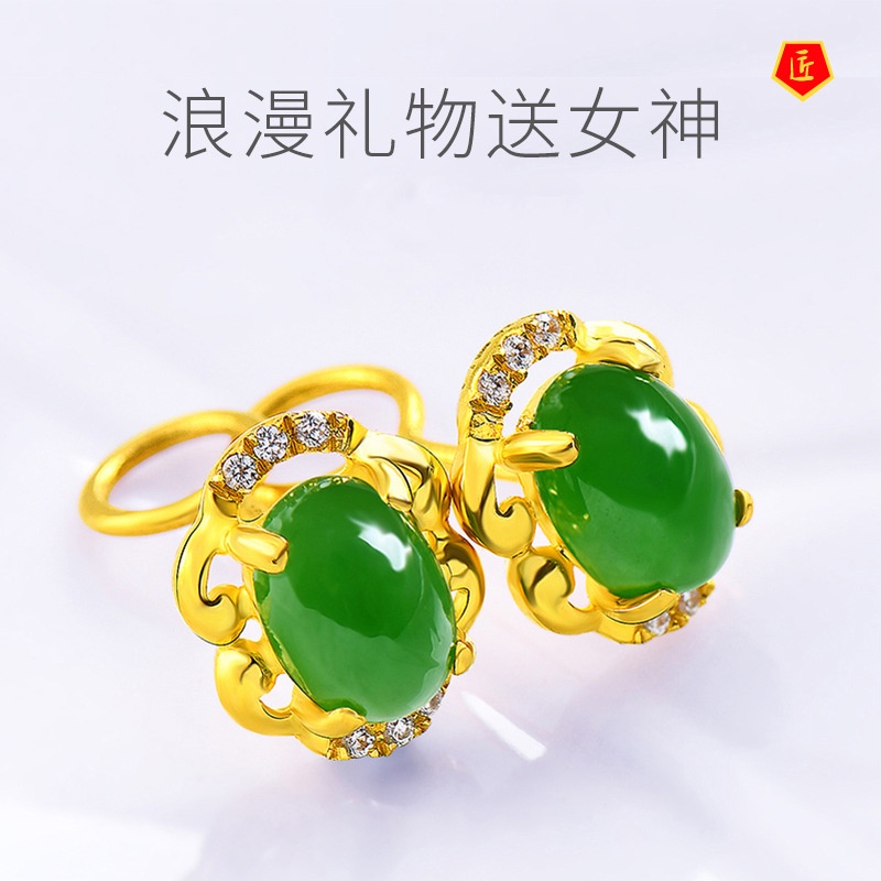 [Ready Stock]New Hetian Jade Green Chalcedony Stud Earrings for Women