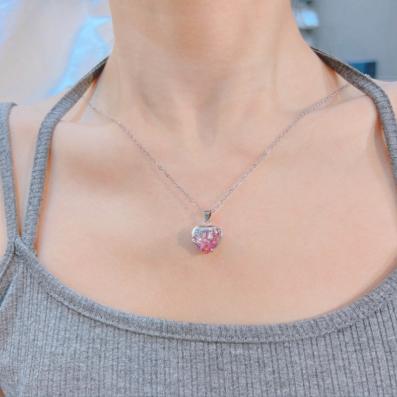 Kalung 925 Silver Bentuk Hati Aksen Berlian Warna Pink Untuk Wanita