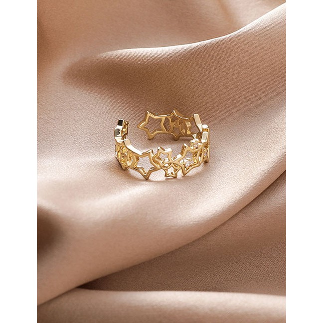 LRC Cincin Fashion Copper Micro Inlaid Zircon Star Hollow Open Ring  K96964