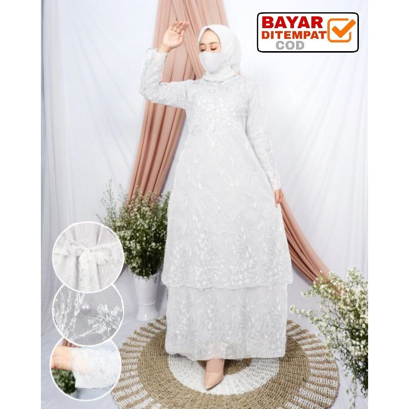 Gamis Brukat Tile Humaira L XL XXL/ Maxi Wanita /Maxi Terbaru / Maxi Muslim / Maxi Dress /-Putih