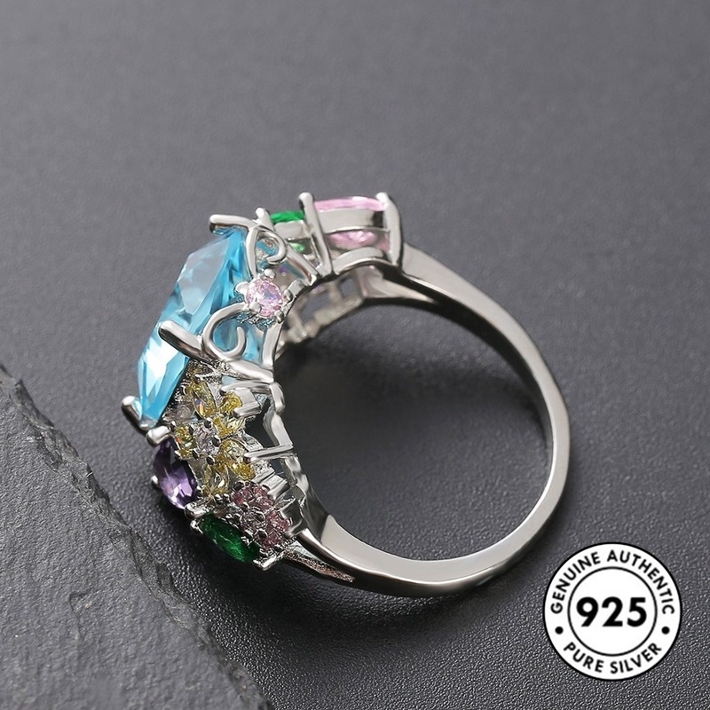 Cincin Sterling Silver 925 Dengan Batu Permata Kotak Warna-Warni Untuk Wanita