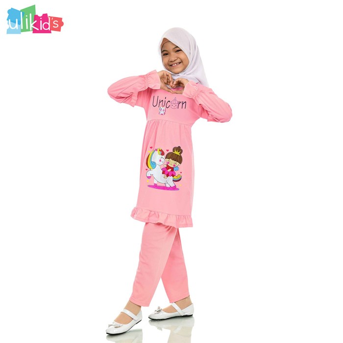 Setelan Baju Muslim Anak Perempuan Baju Anak Perempuan Modern - Pink, S