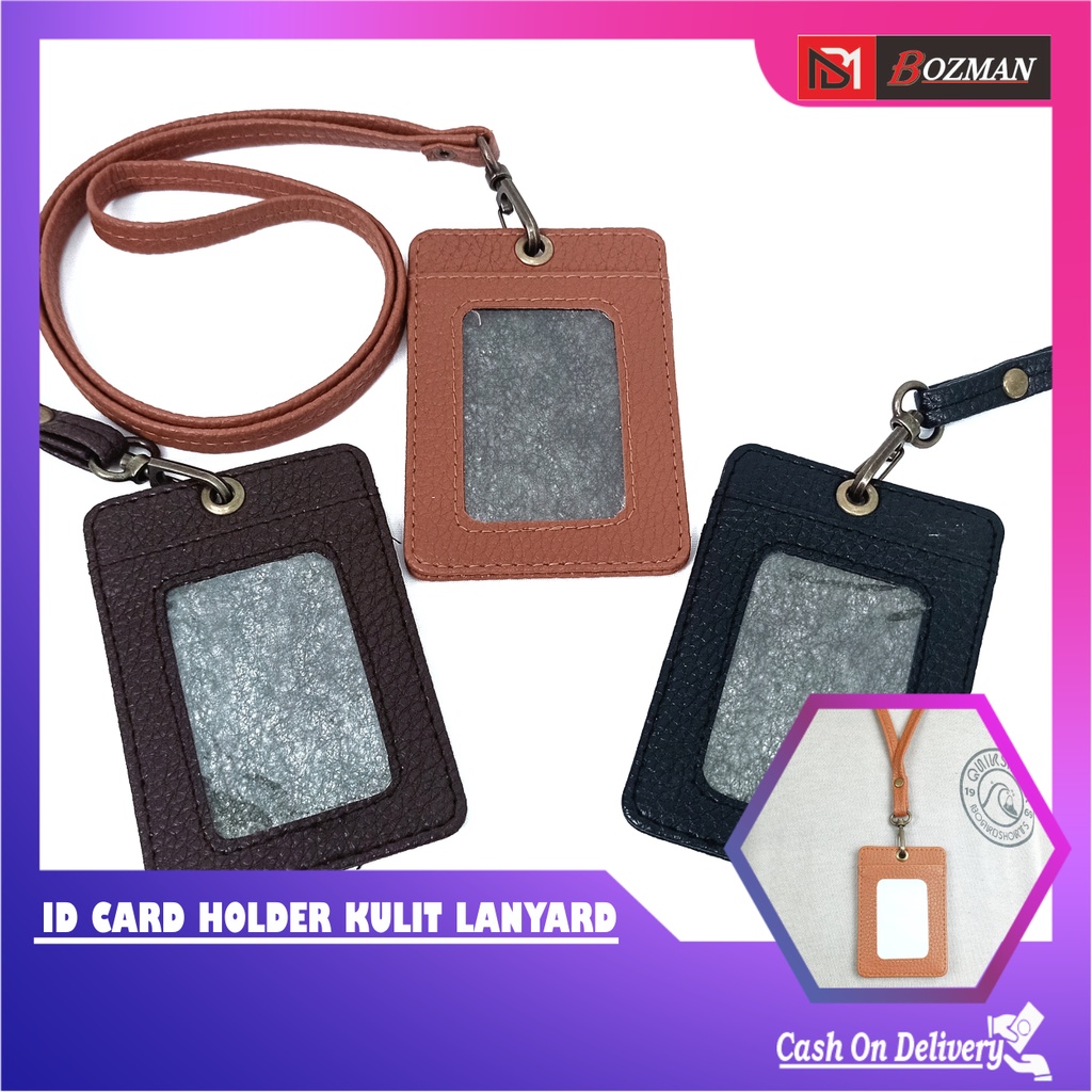 ID CARD HOLDER KULIT LANYARD WITH SLOT KARTU/NAME TAG PU LEATHER TERMURAH