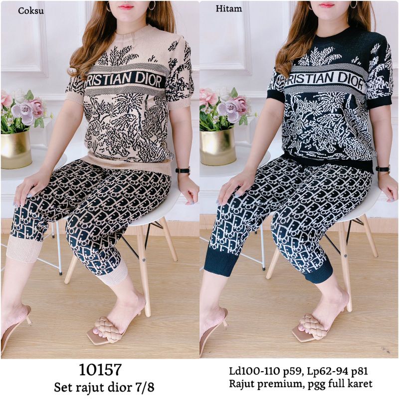 10157 Setelan Rajut Premium Motif Lukis Christian Dior Atasan Lengan Pendek dan Celana 7/8 Import