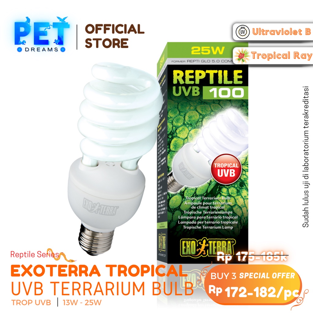 PROMO LAMPU UVB 100 EXOTERRA TROPICAL TERRARIUM CALCIUM BULB REPTIL TROPIS TORTO KURA IGUANA