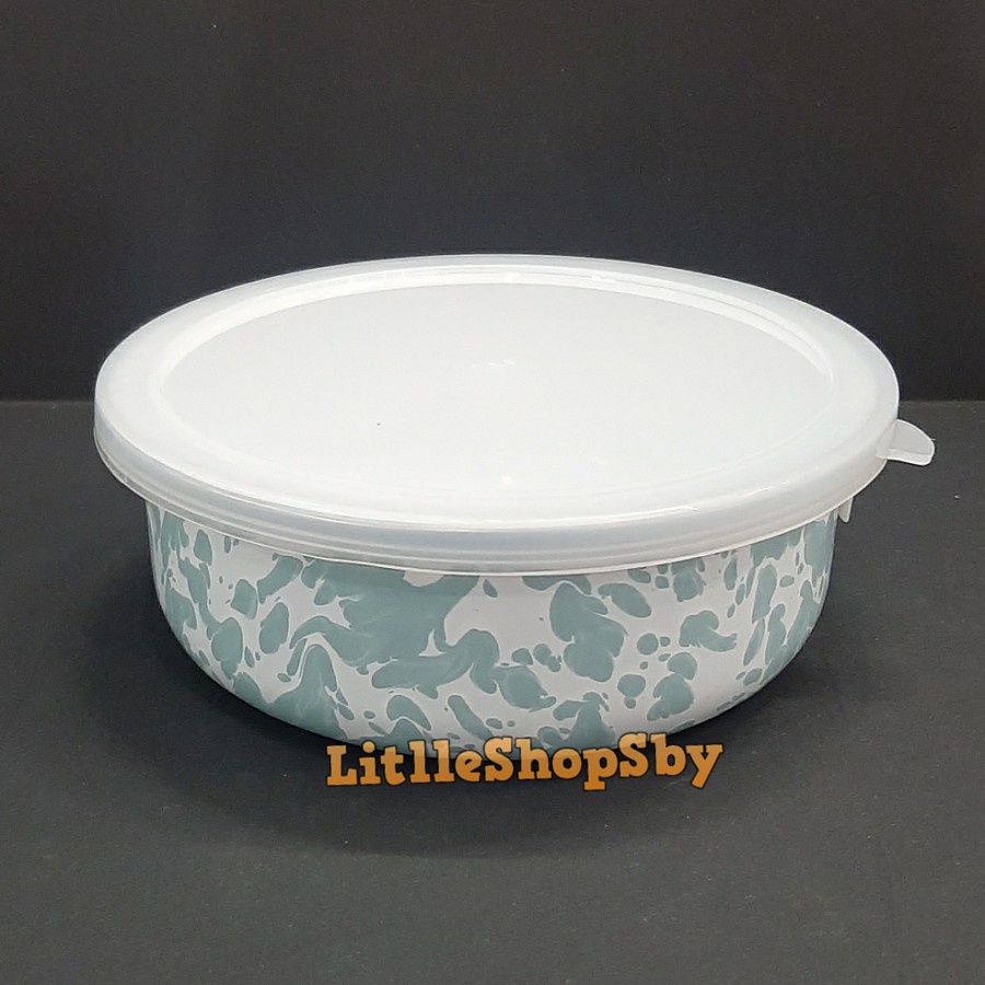 Mangkok Bowl Enamel Tutup Plastik 16cm Biru Tosca Blirik Marble Loreng